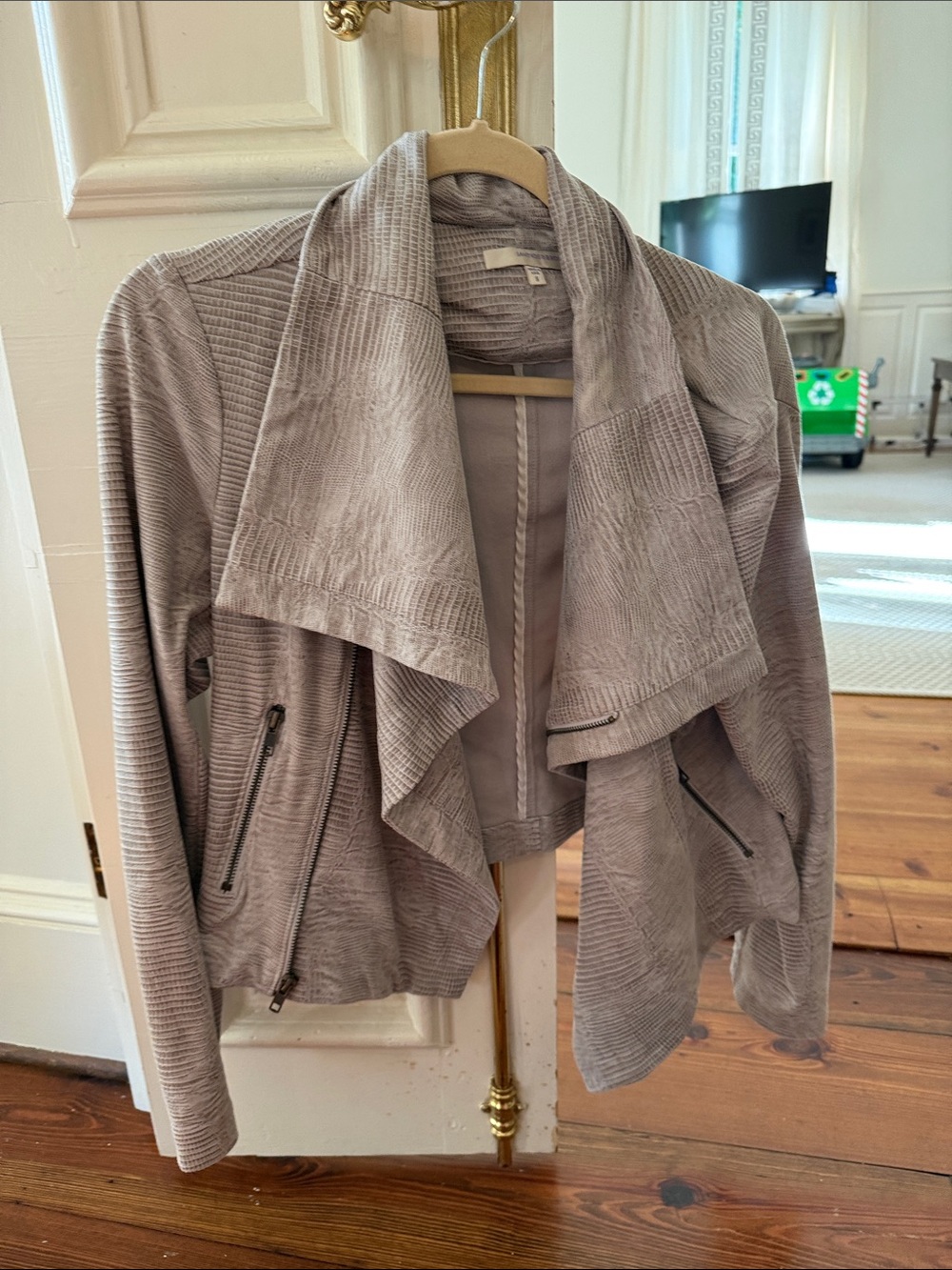 Light Gray Women's Draped Faux-Suede Jacket with Zip Pockets